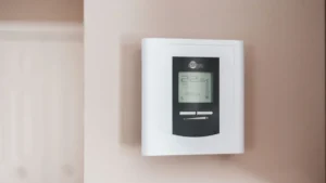 Colored low-voltage thermostat wires coming out of a wall behind a removed thermostat