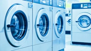 A front-load washer and matching dryer side by side in a home laundry room