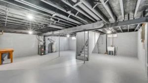 A residential gas furnace installed in a basement utility room with ductwork above it