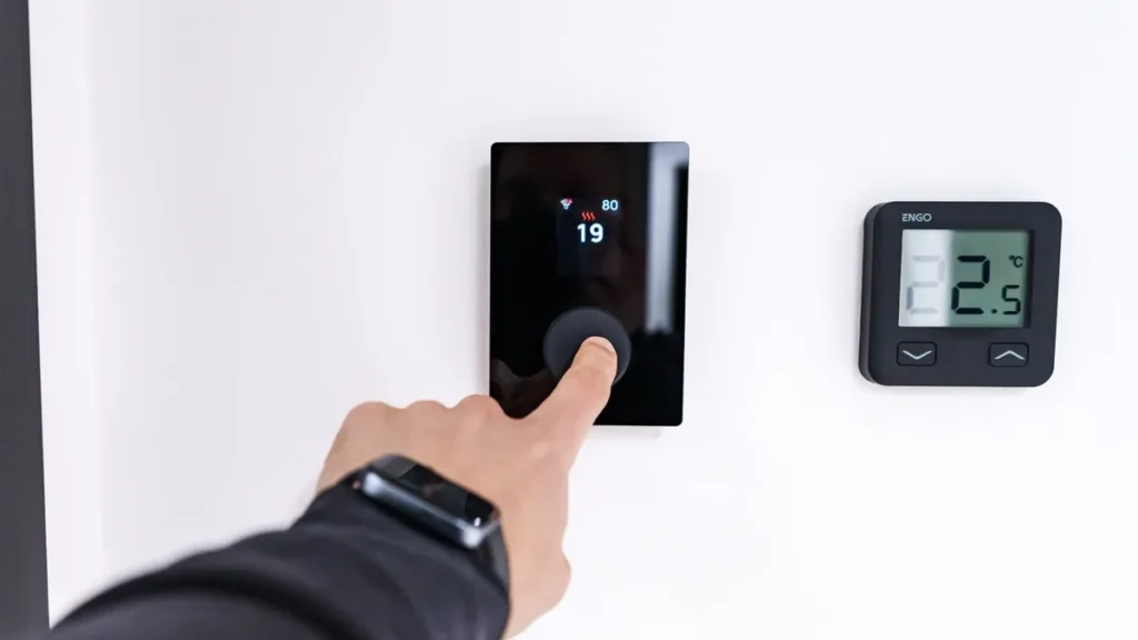 A hand adjusting a digital wall thermostat in a home