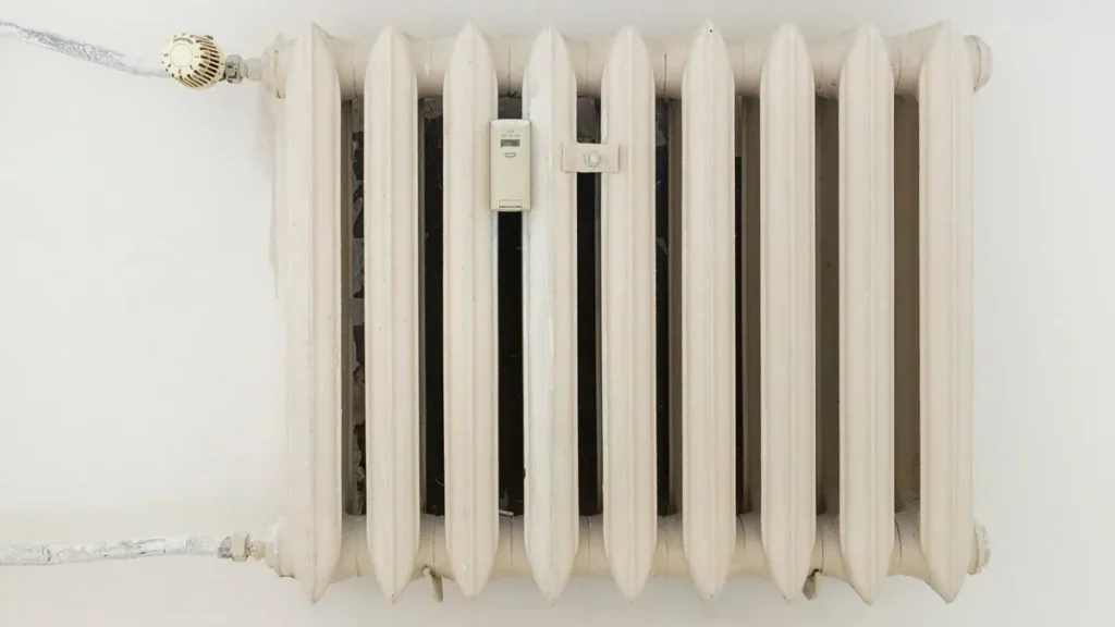 A hand adjusting a wall thermostat in a cozy living room